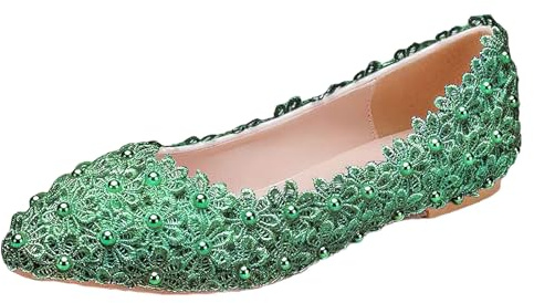 Jamron Dam Elegant spetsig tå blomma spets pärlor brudskor pumpar mjuk sula balettskor, Grön spetspärla, 40 EU
