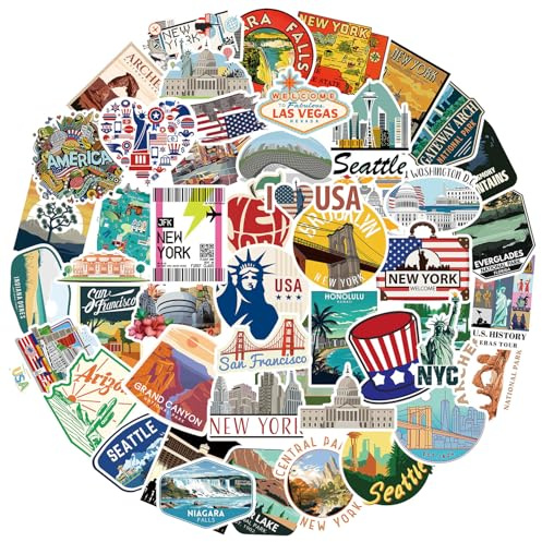USA Sticker 50 Stück, Amerika Urlaub Reise Aufkleber für Scrapbooks Journale Fotoalben Laptop