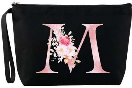 Blisswave A-Z Personalisierte Kosmetiktasche, Geschenke für Frauen, Mütter und Freund, Mädchen, Elegantes und Hübsches Rosa Blumenmuster, Schminktasche mit Initialen Namen(Schwarz)