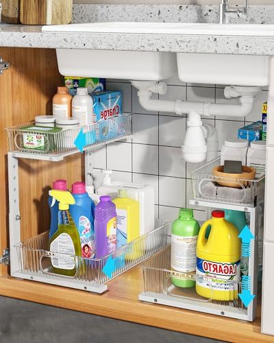 UMDONX 2 Pack Under Sink Storage Kitchen Cupboard Organiser with 2 Tier Pull out Drawers, Bathroom Pantry Shelf Cabinet Tidy Sliding Rack, 5 Height Adjustable White Durable Metal Frame
