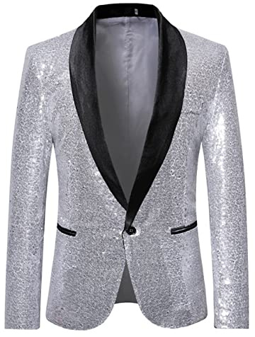 Generisk paljettkavaj herr slim fit elegant modern blazer sommarkavaj lätt normal passform män vår snygga jackor kavaj för affärer bröllop fest, Silver-F, L