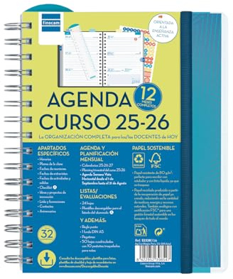 Finocam Lehrerkalender, personalisierbar, 2025/2026, Wochenansicht, horizontaler Ansicht, September 2025 - August 2026 (12 Monate), Blau, Spanisch