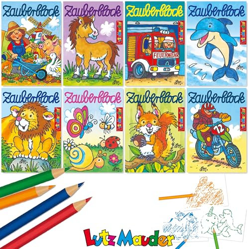 Carpeta 8 x Zauberblöckchen * Für Jungen und Mädchen * in DIN A8 Plus Buntstifte im Set | Zauberblock Mitgebsel für Kindergeburtstag | Pferde Feuerwehr Bauernhof Zootiere Delfine Schmetterlinge