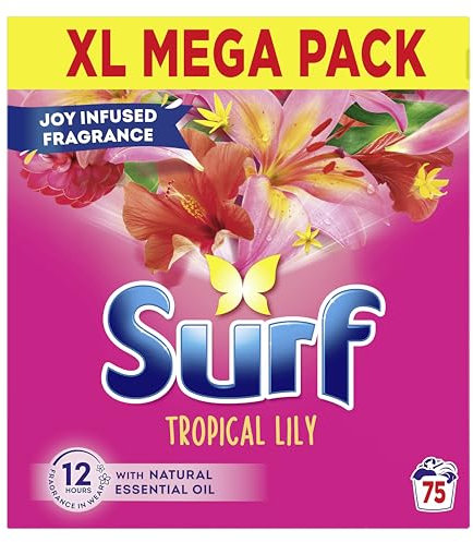 Surf Tropical Lily Washing Powder joy-infused fragrance with natural essential oil lasting up to 12 hours in wear for brilliantly clean laundry every time 75 washes 3.75 kg