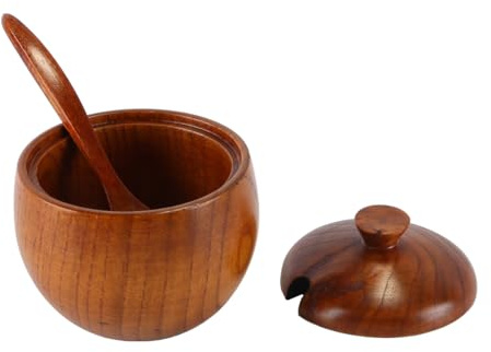 Nicear Salero de madera con tapa y cuchara, contenedor de especias de madera natural, caja de almacenamiento para sal, azúcar, vinagre, especias, utensilio de cocina multiusos ecológico.