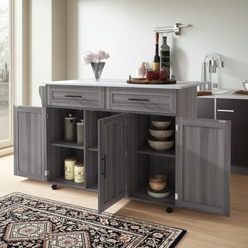 Carro de cocina multifuncional con 5 ruedas, plano plegable, 2 cajones y estantes interiores, isla de comedor con muebles contenedores, 129 x 46 x 91,5 cm – Blanco gris caqui