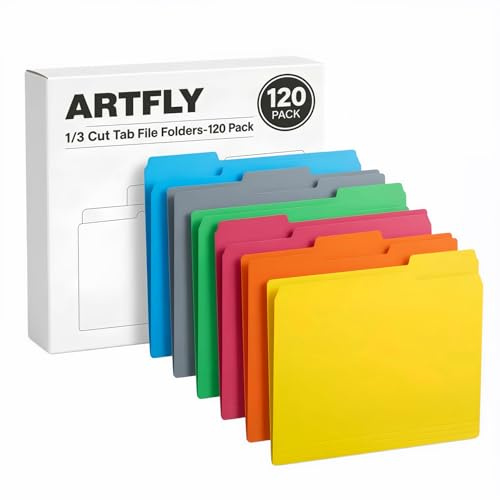 ARTFLY Colored File Folders, 120 Pack ，Letter Size 8.5 x 11, 1/3-Cut Tabs, 6 Assorted Colors, Paper Document Folders for Home, Office and School Filing