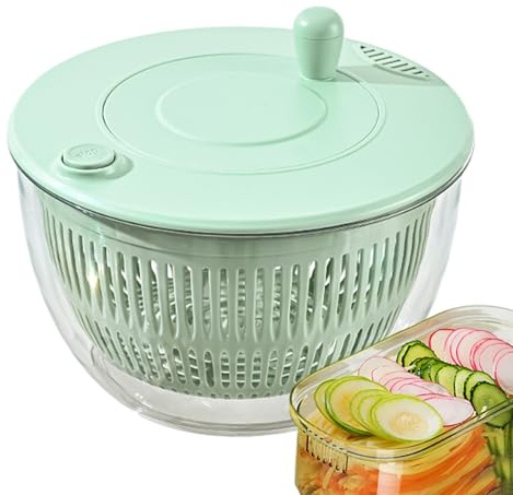 Pump Salad Spinner - Large 5-in-1 Vegetable Dryer | Salad Spinner Large, Multi-Use Kitchen Gadget for Pasta, Fries & Greens, Transparent Design with Ergonomic Handle (Light Green)