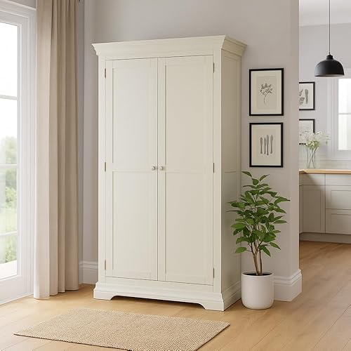 Wilmslow White Painted Double Kitchen Cupboard | Tall 2 Door Storage Cabinet | Adjustable Shelves & Hooks | French Style | Warm White Satin Finish | Minor Assembly | H 1900mm x W 1100mm x D 480mm