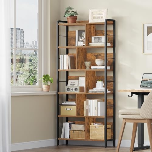 HEXCELEN Librería de 6 Niveles, Estantería de Almacenamiento, Marco de Metal, Biblioteca de Pie, Organizador de Oficina, con 6 Estantes, para Salón, Oficina, Marrón Rústico, 30 x 80 x 186 cm