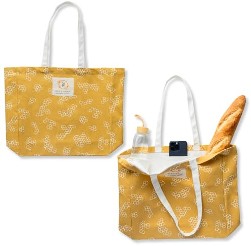 Bee's Wrap Market Tote Bag (Pack of 2) - Durable Organic Cotton - Extra Large Reusable Grocery Bags - Tote Bags with Pockets and Straps - Yellow Honeycomb Pattern