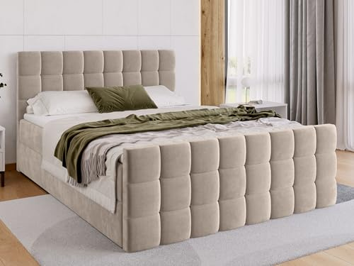 BROMARKT Boxspringbett mit Matratze 140x200cm Bett mit Topper Beige | Polsterbett mit Bettkasten Doppelbett mit Stauraum für Schlafzimmer gepolsterte Kopfteil Bed Bonell Boxbett H3 DAKOTA DUO
