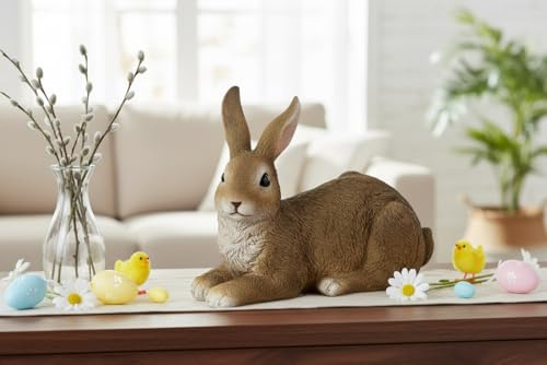 MF Liegender Osterhase Bruno Dekofigur, Braun, Polyresin, Naturgetreue Gestaltung, 26 cm Länge, 20 cm Höhe, Oster Dekoration