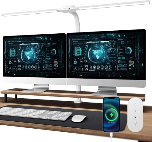 Nevoke Schreibtischlampe LED Dimmbar - 1400LM 24W Doppelkopf Klemmbar Büroschreibtischlampe mit Fernbedienung 80CM Schwanenhals Schreibtisch Lampe Tageslichtlampe mit Ladefunktion Weiß W01