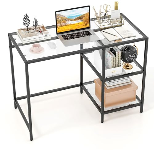 COSTWAY Scrivania con 2 Ripiani, Scrivania in Vetro Temperato e Acciaio, Scrittoio Salvaspazio e Moderno, Tavolo Versatile per Ingresso, Camera da Letto e Studio 106 x 51 x 77 cm (Nero)