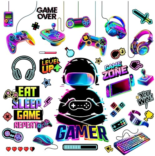 decalmile Stickers Muraux Gamer Gaming Autocollant Mural Vidéo Contrôleur | Stickers Décoratifs Muraux Peel and Stick, Décoration Murale Amovible et Sûre pour Murs, Sticker Mural Couleurs Vives