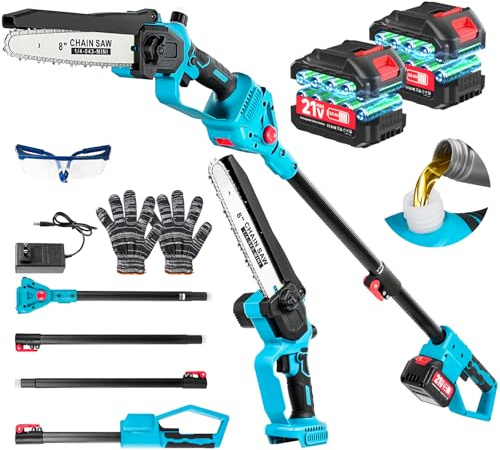 2-in-1 Cordless Pole Saw&Mini Chainsaw 8inch, Electric Chainsaw Cordless with 2m Extension Pole, Brushless Battery Chainsaw with 2x3.0Ah Batteries&Charger, Long Reach Tree Trimmer for Branch Cutting