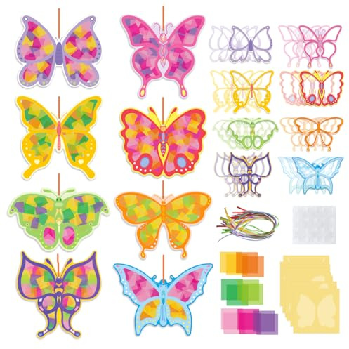 Toyhood 24Pcs Butterfly Suncatchers Craft Kits, DIY Colorful Butterfly Window Stained Glass Effect Tissue Paper Kits, School Decorative Art Craft, for Home Garden Classroom Party Creative Activity