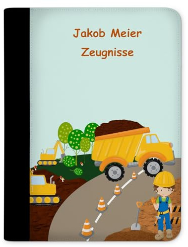 CreaDesign Zeugnismappe A4 mit Namen personalisiert – Baustelle – für Jungen – Dokumentenmappe Schule ohne Klarsichthüllen