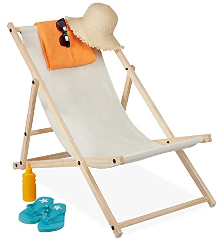 relaxdays Tumbona Plegable, Playa y Jardín, Silla Balcón Relajante, 3 Posiciones, Madera y Tela, 1 Ud., Beige