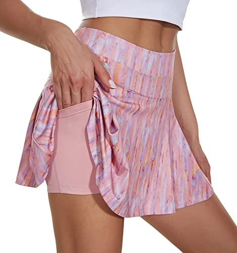 VUTRU Damen Tennisröcke Hohe Taille Tennis Skort mit Taschen Laufröcke Sport Golfrock mit Innenhose Rosa S