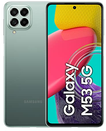 Samsung Galaxy M53 5G, Android Smartphone, 6.7 Zoll Infinity-O TFT Display, 5.000 mAh Akku, 6 GB RAM 128 GB Speicher, Dual-SIM, Khaki Green