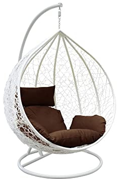 Rattan Swing Egg Chair Hanging Garden Hammock with Cushions & Stand Outdoor Indoor Furniture (White Egg Chair & Brown Cushion)
