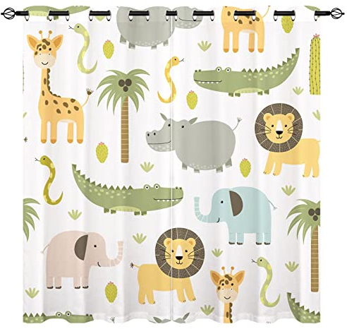 YUANZU Animal Cortinas - niños HIPO cocodrilo león Elefante Jirafa Woodland Zoo patrón Eyelet Blackout habitación oscuoscucortinas de Ventana para niños niñas Dormitorio 2 Paneles W75cm x D166cm