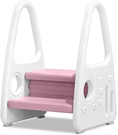 UISEBRT Sgabello per bambini, a 2 gradini, in plastica, antiscivolo, per bagno, camera da letto, cucina, cameretta dei bambini, rosa