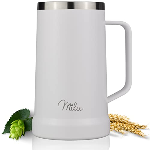 Milu Bierkrug Edelstahl isoliert | Bierglas mit Deckel | Thermobecher mit Henkel | Bier Geschenk für Männer, Papa | hält 7 Stunden kalt (700ml, Weiß)