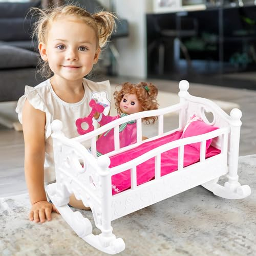 Kinderplay Puppenwiege mit Schaukelbewegung und Bettwäscheset - Perfekt für Rollenspiele und Puppenpflege | Puppen Bett, KP6688