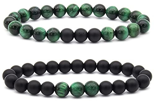 Whoiy Herrenarmbänder, Partnerarmbänder Tigerauge Grün Schwarz Modisches Elegantes Perlenarmband Geburtstagsgeschenk Perlenarmband für Ihn 8mm
