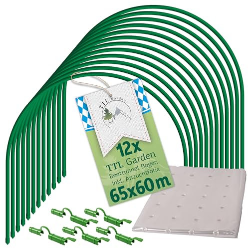 TTL Garden 12 x 65 x 60 cm túnel arco con lámina de polietileno + clips – 12 x 65 cm de ancho de acero revestido de acero para cubrir bancal elevado + lámina perforada de polietileno de 10 x 2 m + 36