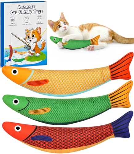 Aucenix Katzenspielzeug mit Katzenminze Kissen - Katzenminzen Spielzeug für Katzen, 3Pcs Interaktives Plüsch Catnip Toys Set mit Katzenminzebeutel, Selbstbeschäftigung Knarren Glocke für Cats
