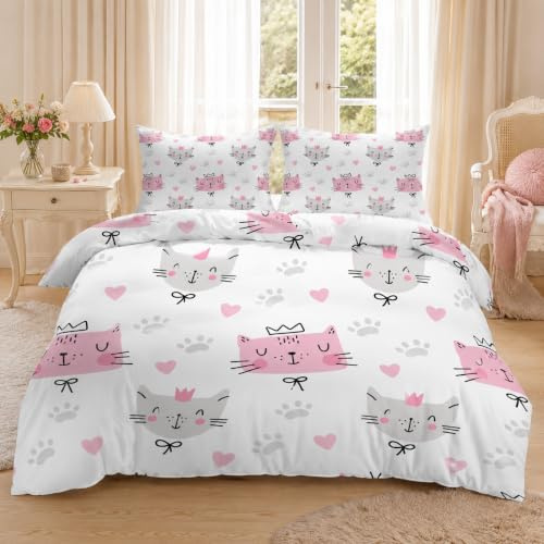 Linfye Housse de Couette 220x240 cm Chat Aimant Parure de Lit Adulte avec Fermeture Éclair, Blanc Linge de Lit Parure Housse Couette 2 Personnes en Microfibre + 2 Taie d'oreiller 65x65 cm