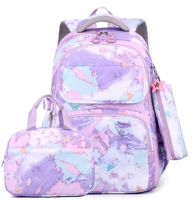 Amythe Schulrucksack Mädchen 3 Teilig, Rucksack Schule Teenager, Grundschule Mittelschule Schultaschen-Set Lunchtasche Federmäppchen, Kinderrucksack Schulranzen für 3-9 Klasse, Lila