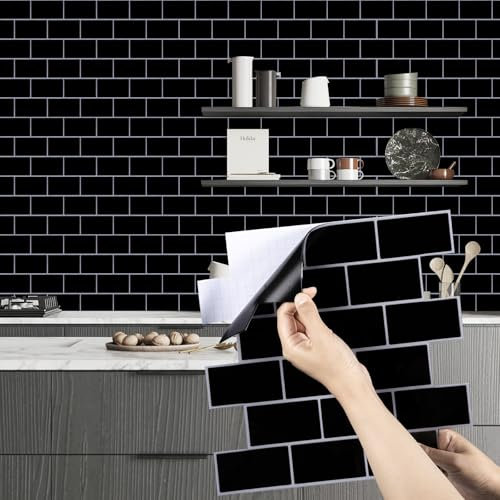Alened Black Peel and Stick on Tiles 12x12/10Pcs Self Adhesive Wall Tiles Waterproof Vinyl Subway Tile Stickers for Kitchen Backsplash Bathroom Decor