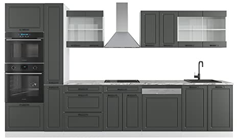 Vicco Küchenzeile R-Line, Anthrazit Landhaus/Weiß, 350 cm mit Hochschrank, AP Marmor, zur individuellen Anordnung und Erweiterung geeignet