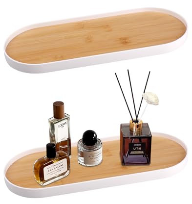 Rongxze 2 Stück Deko Tablett Holz, Groß 30 x 12cm Kosmetiktablett Oval, Tablett Badezimmer für Kosmetika, Schmuck, Parfüme, Kerzen und Desserts Kaffeetablett (Weiß)