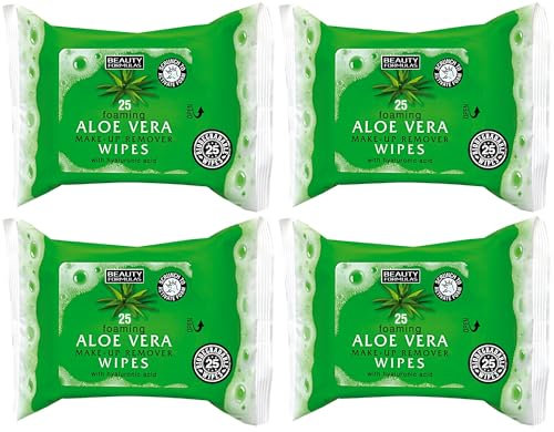4-Pack Aloe Vera Foaming Make-Up Remover Wipes – 25 Wipes Per Pack, with Hyaluronic Acid, Self-Foaming, Biodegradable, Moisturising & Cleansing