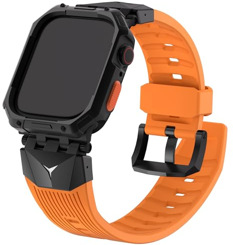 Fullmosa Bracelet Compatible avec Apple Watch 44mm/45mm robuste en silicone avec protecteurs d'écran pour homme, pour Apple Watch SE3/2/1 Series 9/8/7/6/5/4 44mm/45mm,Orange+Noir
