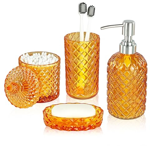 LaMarriti Orange Bathroom Accessory Set Complete, 4Pcs Clear Glass Bathroom Accessories, Burnt Orange Hand Soap Dispenser, Toothbrush Holder Set, Soap Dish, Cotton Swab Jar for Modern Bathroom Decor | Lotion Soap Dispenser, Toothbrush Holder Set, Soap Dish, Qtip Holder for Vintage Crystal Bath Decor, Burnt Orange