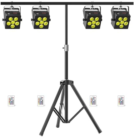 DayFlicker 4er 60 W Akku LED Par Licht mit Lichtstativ und Fernbedienung, Wiederaufladbare 5200-mAh RGBWA+UV DMX Bühnenlicht mit Soundaktivierung DJ Uplights für disco Partys Hochzeiten Konzerte