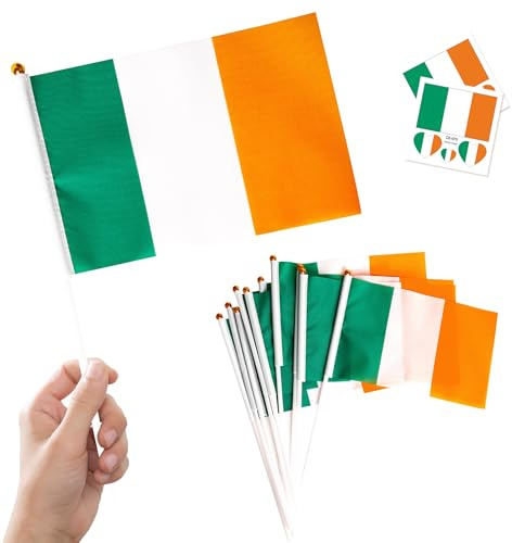 10 Piezas Banderas Pequeñas de Irlanda con Palo & 2 Tatuajes, Mini Bandiera irlandesa de Mano con Varilla para Mundial Fútbol 2026 San Patricio Olimpiadas Desfile Decoración Adornos Fiesta