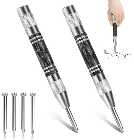 2 Pack Automatic Center Punch, Steel Adjustable One-Handed Spring Impact Loaded Center Hole Punch, 5 Spring Loaded Center Punch, Hole Marker Tool for Metal,Glass,Wood,DIY