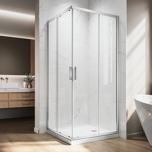 Corner Shower Enclosure 34 L X 34 W X 76 H. Double Corner Sliding Shower Door With 1/4 In Nano-Coated Tempered Glass,Shower Glass Doors In Brushed Silver Hardware Kit for Upgrade Your Bathroom