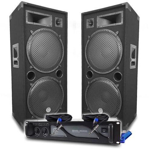 Pack Sono DJ BM Bmsonic Amplificateur 4000W, Paire d'Enceintes Passives LSC215 2x2000W, Câbles Speakon, Sonorisation Pro+Clé 32G