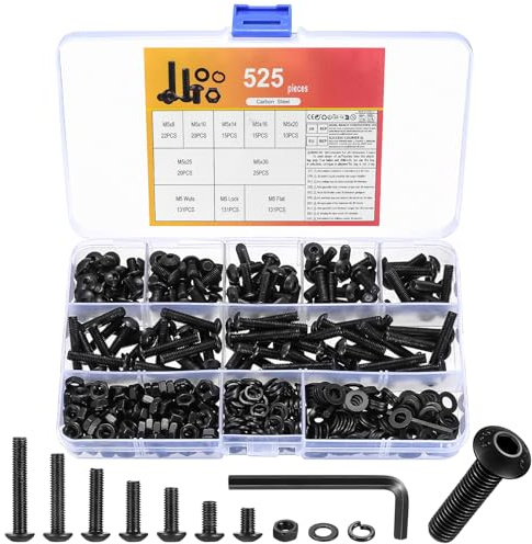 525 Stk M5 Schrauben Set,Linsenkopfschrauben mit Innensechskant Schrauben Sets,Rundkopf Gewindeschrauben Innensechskantschrauben Muttern Set mit Unterlegscheiben,Maschinenschrauben Sortiment,Schwarz