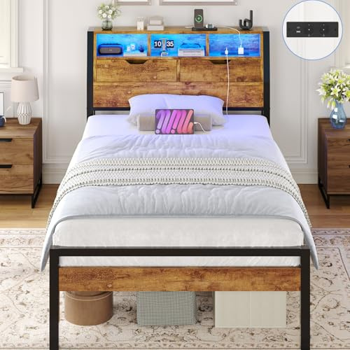 Brinlawb Struttura Letto Singolo 90x200 cm con Testiera in Legno Lavorato e Spazio di Stoccaggio Nascosto, Letto Singolo con Luce LED e Stazione di Ricarica (2 Prese CA 2 Porte USB) Marrone Vintage