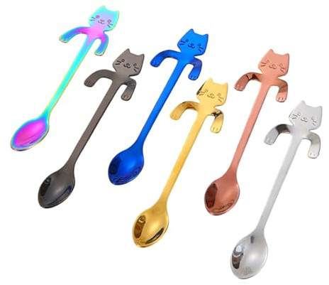6 PCS Cat Spoon Coffee Tea Spoon, Coffee Gifts for Men Christmas Gifts Birthday Gifts, Stainless Steel Hanging Cup Teaspoons Mini Cute Kitten Stirring Spoon (Multicolor)